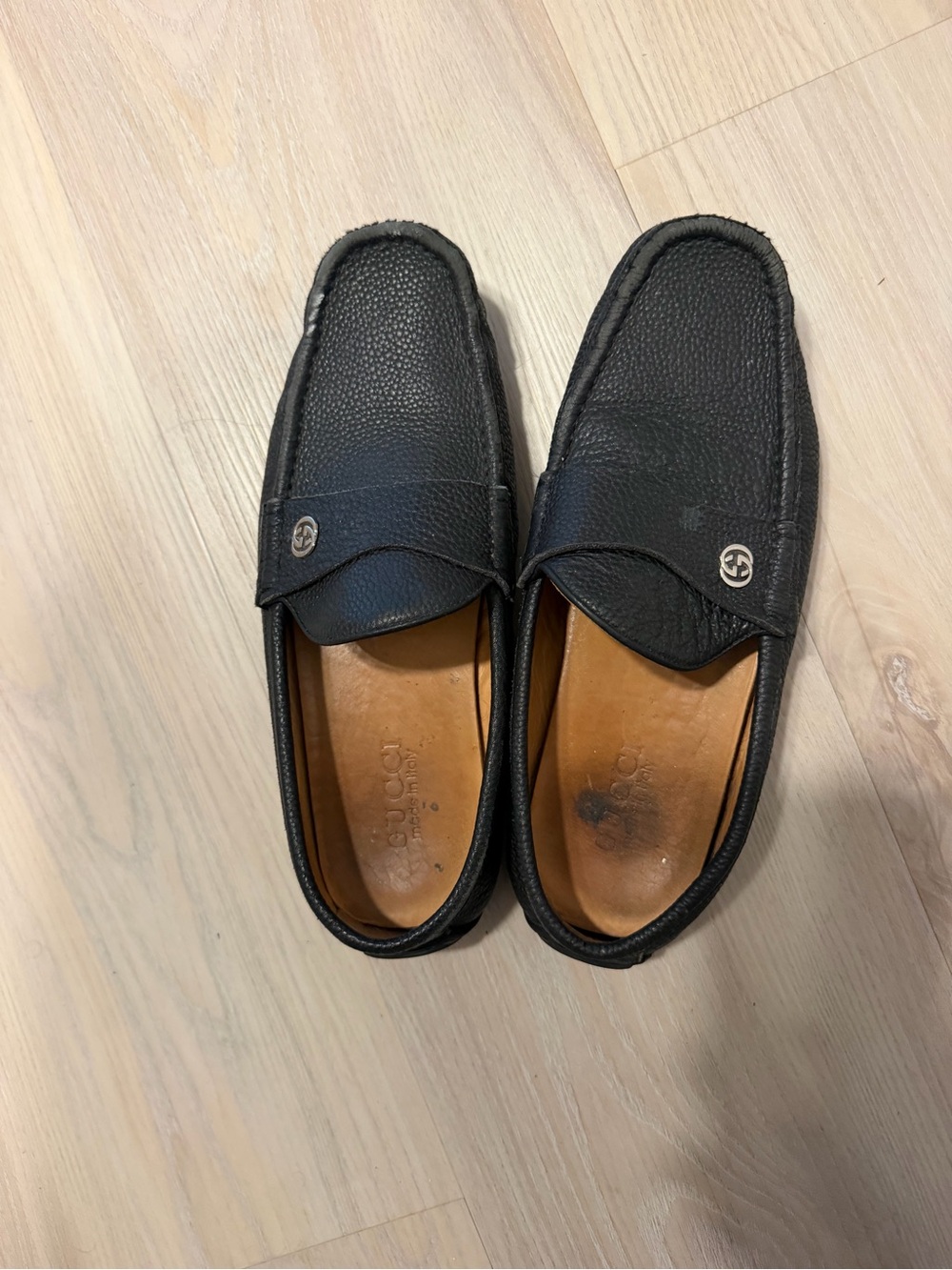 Gucci Black Pebbled Leather Penny Loafers with GG Medallion